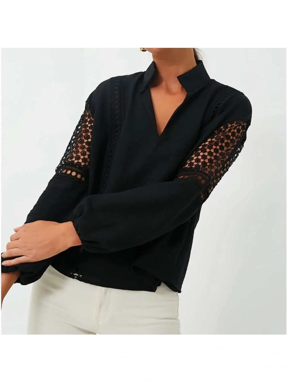 Tuckernuck Janie Black Crochet-Inset V-Neck Collared Blouse NWT